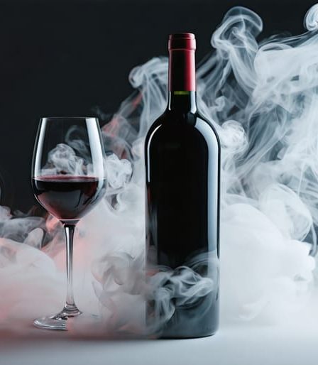 An artistic depiction of wine preservation gas creating a protective, glowing barrier over an opened bottle of red wine, signifying the freshness and quality maintenance even after opening.