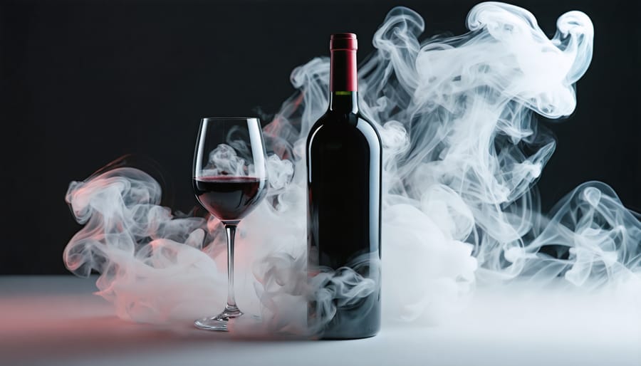 An artistic depiction of wine preservation gas creating a protective, glowing barrier over an opened bottle of red wine, signifying the freshness and quality maintenance even after opening.