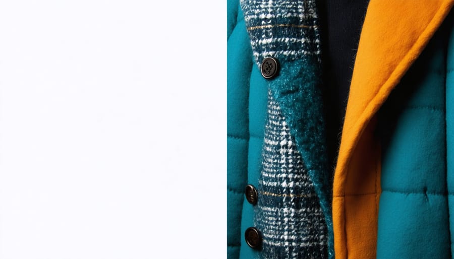 Detailed view of high-end winter coat fabrics and materials