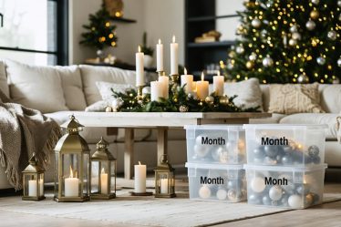 A stylish and inviting living room with neutral decor elements enhanced by seasonal holiday decorations. Organized clear storage bins labeled by month are visible, indicating a methodical approach to holiday transitions.