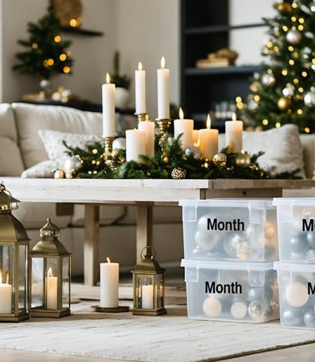 A stylish and inviting living room with neutral decor elements enhanced by seasonal holiday decorations. Organized clear storage bins labeled by month are visible, indicating a methodical approach to holiday transitions.