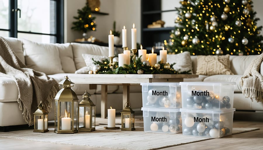 A stylish and inviting living room with neutral decor elements enhanced by seasonal holiday decorations. Organized clear storage bins labeled by month are visible, indicating a methodical approach to holiday transitions.
