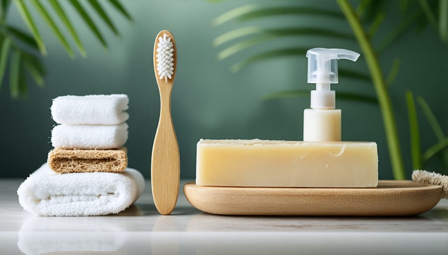 Plastic-free bathroom products arranged on a wooden surface
