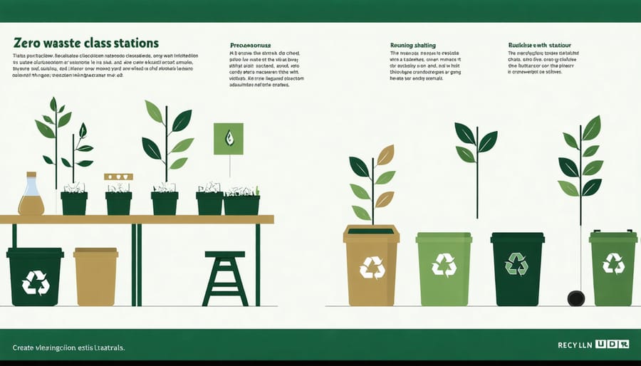 Illustrated diagram of a zero-waste classroom layout with recycling and sustainability features