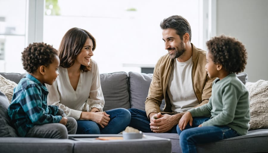 Family members demonstrating active listening skills during a conversation