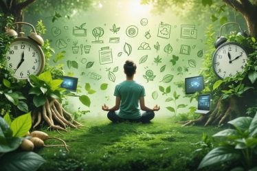 Illustration of a calm person enveloped in greenery with adaptogenic herbs, pushing away stress symbols like clocks and laptops, representing natural stress relief.
