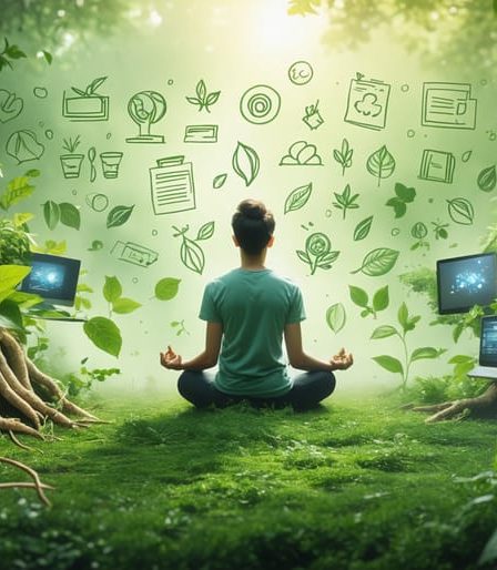 Illustration of a calm person enveloped in greenery with adaptogenic herbs, pushing away stress symbols like clocks and laptops, representing natural stress relief.