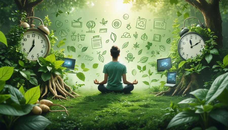 Illustration of a calm person enveloped in greenery with adaptogenic herbs, pushing away stress symbols like clocks and laptops, representing natural stress relief.