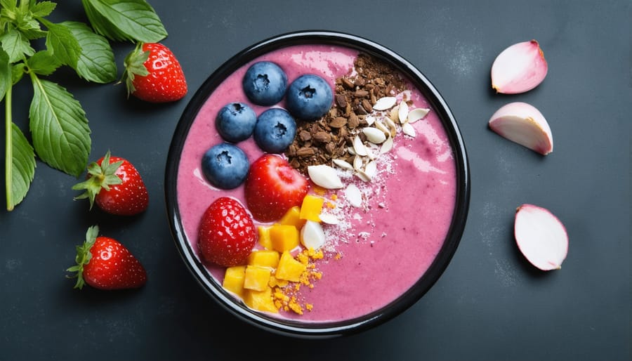 Colorful breakfast smoothie bowl with visible adaptogenic ingredients and toppings