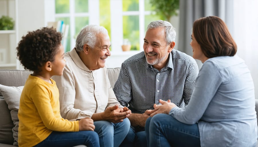 Adult daughter and parents engaged in comfortable conversation, sitting at comfortable distances showing healthy boundaries