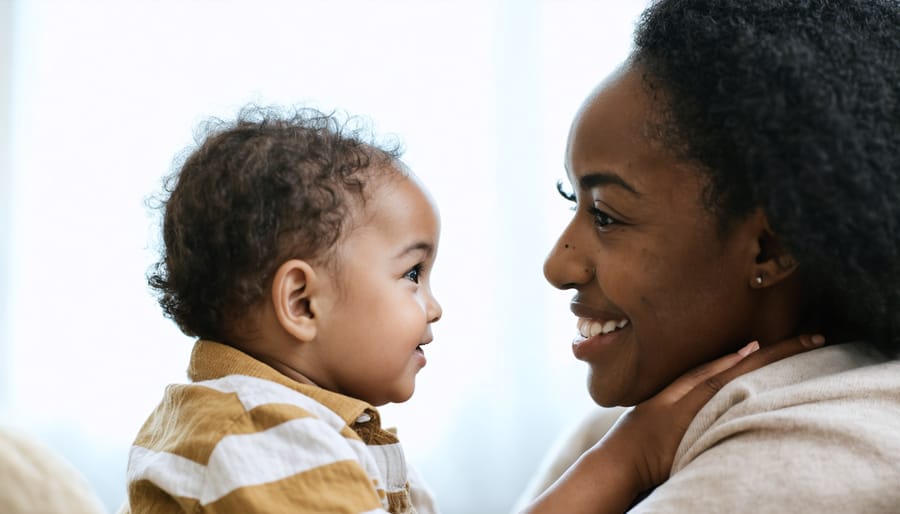 Parent communicating at eye level with young child