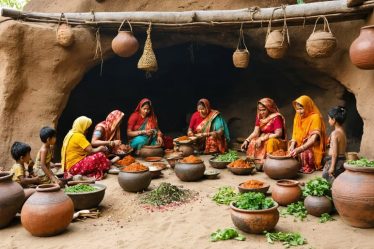 A communal scene depicting an ancient Indus Valley settlement with people gathered around a clay tandoor oven. The oven is surrounded by individuals engaged in storytelling and cooking, emphasizing the community aspect of tandoori cooking traditions.