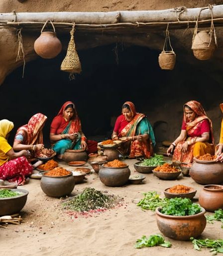 A communal scene depicting an ancient Indus Valley settlement with people gathered around a clay tandoor oven. The oven is surrounded by individuals engaged in storytelling and cooking, emphasizing the community aspect of tandoori cooking traditions.