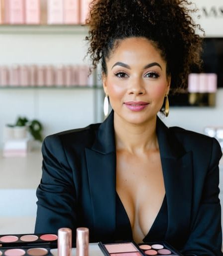 Professional female beauty entrepreneur analyzing product samples and strategic branding plans, symbolizing the transformation of a beauty business into a brand empire.