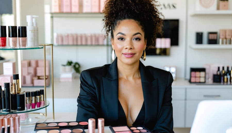 Professional female beauty entrepreneur analyzing product samples and strategic branding plans, symbolizing the transformation of a beauty business into a brand empire.