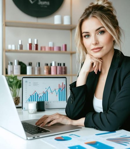 A female entrepreneur confidently planning finances in a chic beauty salon, surrounded by financial documents, a laptop with growth charts, and beauty products, symbolizing successful business strategy integration in the beauty industry.