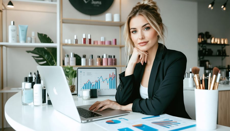 A female entrepreneur confidently planning finances in a chic beauty salon, surrounded by financial documents, a laptop with growth charts, and beauty products, symbolizing successful business strategy integration in the beauty industry.