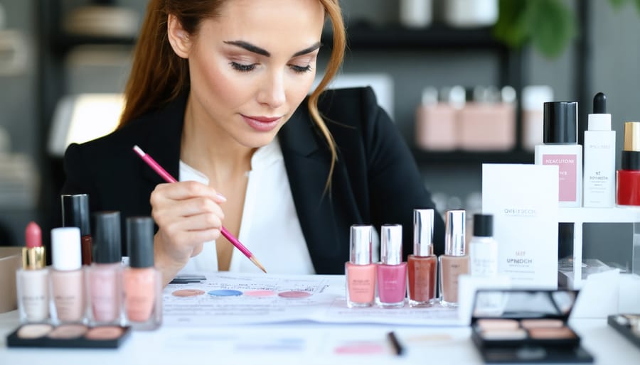 Confident female beauty entrepreneur analyzing cosmetic products at her desk