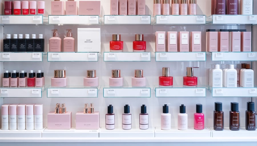Well-organized beauty product shelves with inventory management system