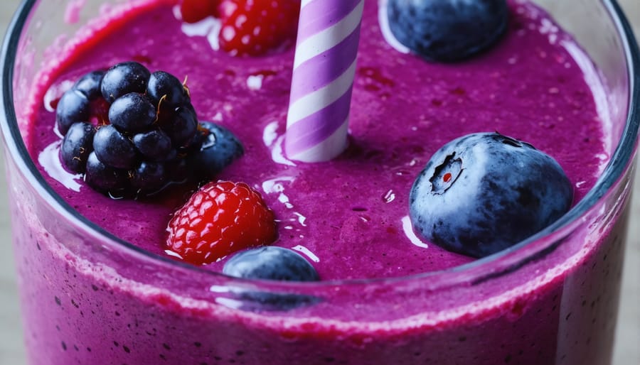 Berry smoothie being prepared in a blender with fresh fruits and yogurt