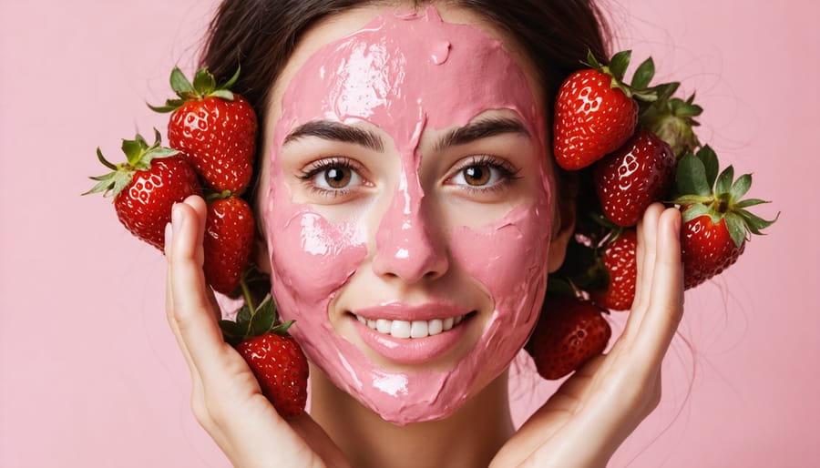 Woman demonstrating application of a pink-colored homemade berry face mask