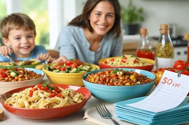 A family gathered around a dinner table filled with budget-friendly dishes made from staple ingredients like pasta, beans, and vegetables, showcasing a joyful and affordable meal preparation.