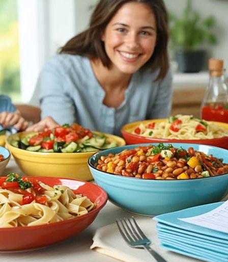 A family gathered around a dinner table filled with budget-friendly dishes made from staple ingredients like pasta, beans, and vegetables, showcasing a joyful and affordable meal preparation.