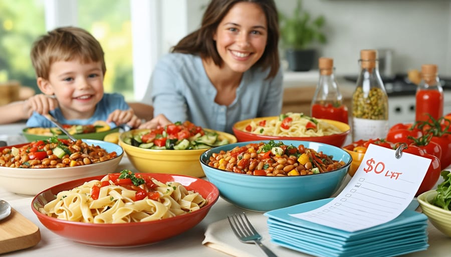 A family gathered around a dinner table filled with budget-friendly dishes made from staple ingredients like pasta, beans, and vegetables, showcasing a joyful and affordable meal preparation.