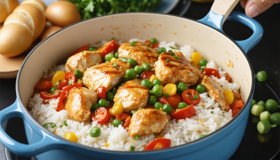 Homemade one-pot chicken and rice meal with colorful vegetables in a large cooking pot