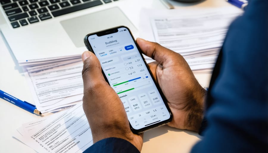 Person using a mobile budgeting application while organizing personal finances