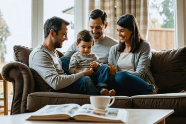An adult child and their parents sharing a relaxed conversation in a living room, displaying mutual respect through comfortable seating and attentive body language.