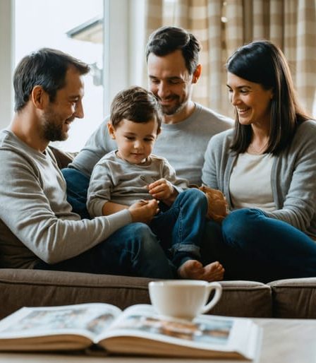 An adult child and their parents sharing a relaxed conversation in a living room, displaying mutual respect through comfortable seating and attentive body language.