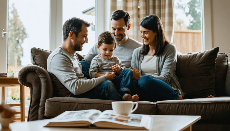 An adult child and their parents sharing a relaxed conversation in a living room, displaying mutual respect through comfortable seating and attentive body language.