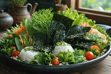A rustic kitchen table filled with various seaweeds such as nori, wakame, kombu, and dulse, creatively used in colorful salads, broths, and sprinkled on dishes, embodying ancient coastal cooking traditions.