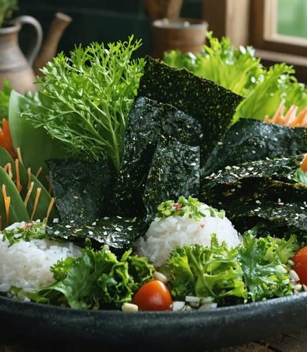 A rustic kitchen table filled with various seaweeds such as nori, wakame, kombu, and dulse, creatively used in colorful salads, broths, and sprinkled on dishes, embodying ancient coastal cooking traditions.