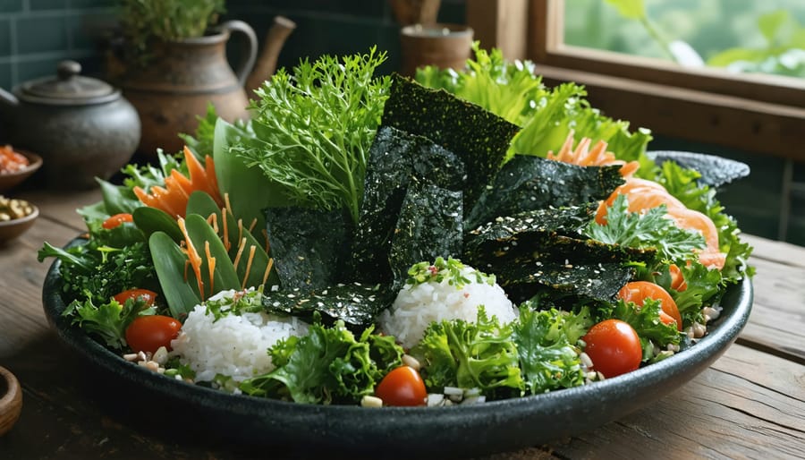 A rustic kitchen table filled with various seaweeds such as nori, wakame, kombu, and dulse, creatively used in colorful salads, broths, and sprinkled on dishes, embodying ancient coastal cooking traditions.