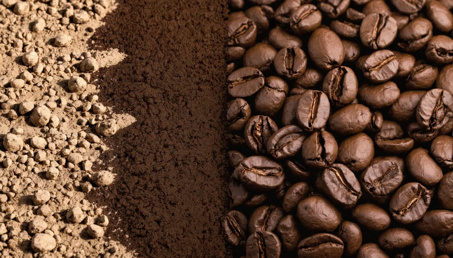 Coffee grounds blooming when hot water is first added, demonstrating the release of gases and oils