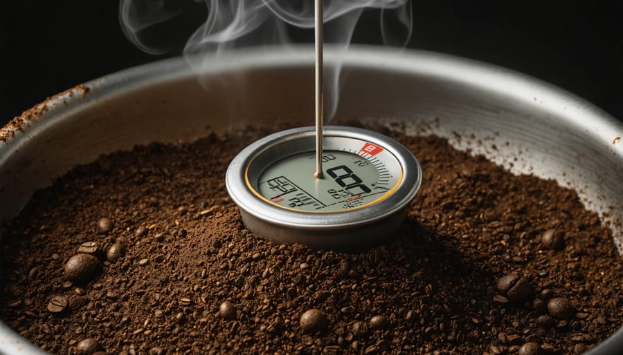 Digital thermometer displaying optimal coffee brewing temperature with visible steam