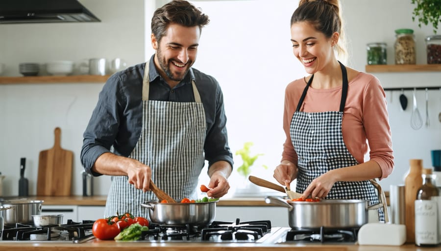 Friends cooking and sharing food preparation in a welcoming kitchen environment