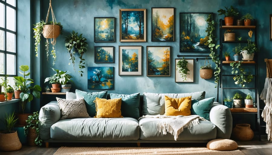 A personalized living room featuring a mix of styles and colors, with a plush sofa, diverse throw pillows, a gallery wall, hanging planters, and warm natural lighting, embodying effective home decorating techniques.