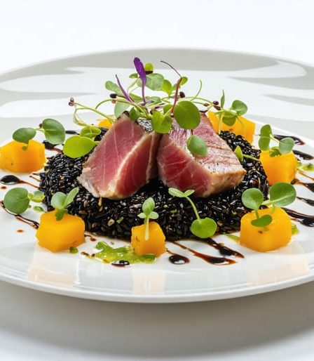 Beautifully plated gourmet dish showcasing a vivid color contrast with seared tuna, black rice, and bright green microgreens, illustrating the art of culinary presentation.