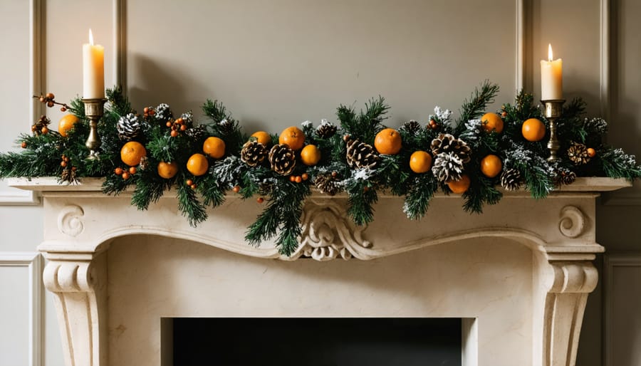 Fireplace mantel decorated with rustic garland featuring wooden beads and dried orange slices