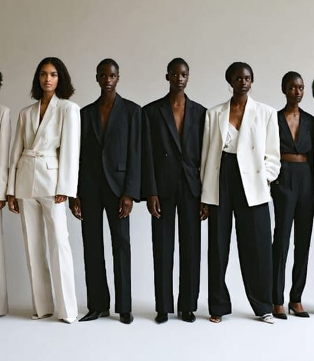 Models of varied body types and gender expressions stand confidently in a studio, dressed in minimalist, gender-neutral outfits including oversized blazers and fluid silhouettes in neutral tones, representing the evolution of fashion beyond traditional gender norms.