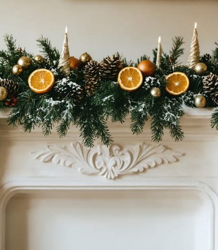 A stunning DIY holiday garland made from pine branches, dried orange slices, and decorative berries, elegantly draped across a mantel in a festive room.