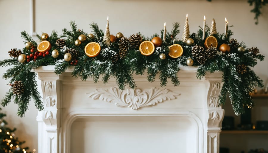 A stunning DIY holiday garland made from pine branches, dried orange slices, and decorative berries, elegantly draped across a mantel in a festive room.