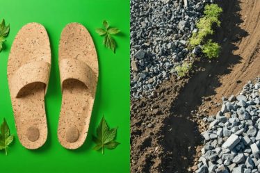 Comparison of eco-friendly insoles made from natural materials juxtaposed with traditional synthetic insoles in a landfill setting, highlighting environmental impact.