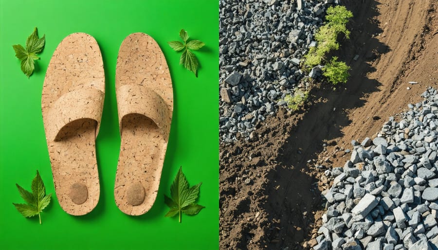 Comparison of eco-friendly insoles made from natural materials juxtaposed with traditional synthetic insoles in a landfill setting, highlighting environmental impact.