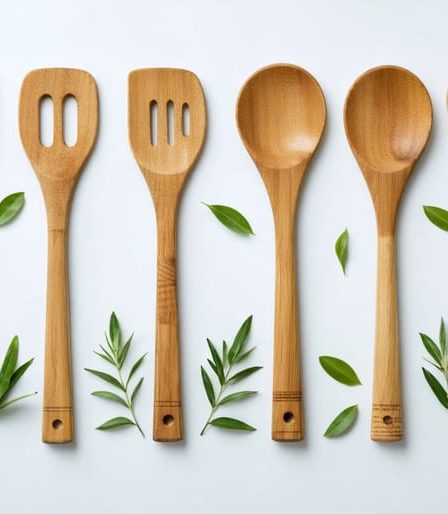 Assorted eco-friendly kitchen utensils including bamboo spatulas, wooden spoons, and reclaimed wood tools arranged against a light neutral background with hints of greenery.