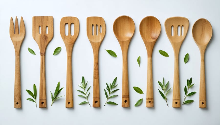 Assorted eco-friendly kitchen utensils including bamboo spatulas, wooden spoons, and reclaimed wood tools arranged against a light neutral background with hints of greenery.
