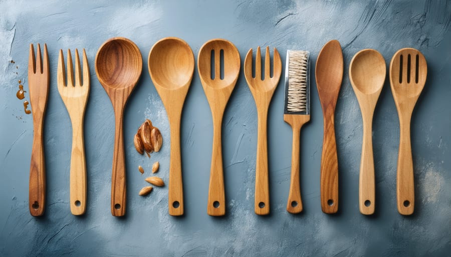 Visual guide showing maintenance steps for wooden cooking utensils